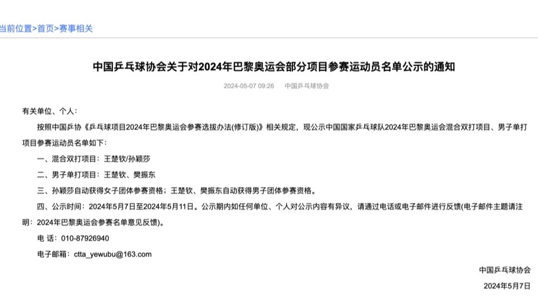 国乒巴黎奥运混双、男单参赛名单公布 樊振东王楚钦出战单打